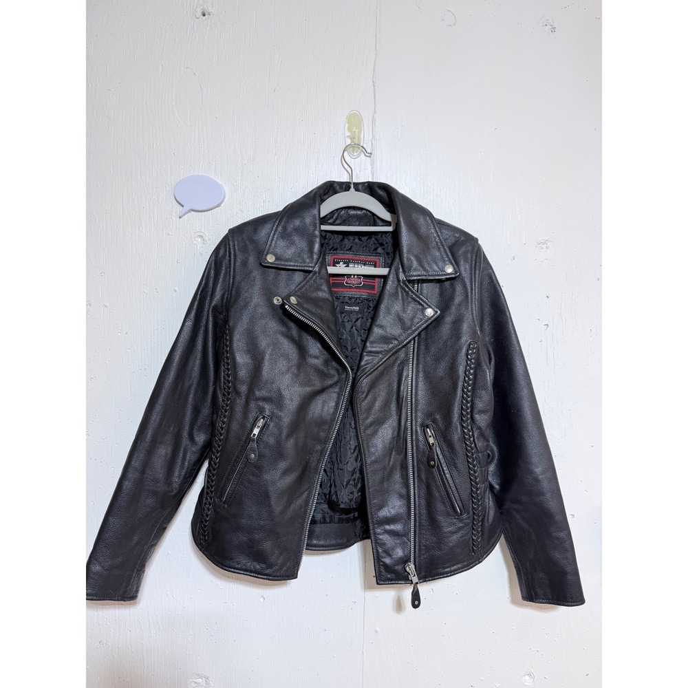 First classic Womens Black Leather Biker Jacket Braided Studded M Vintage